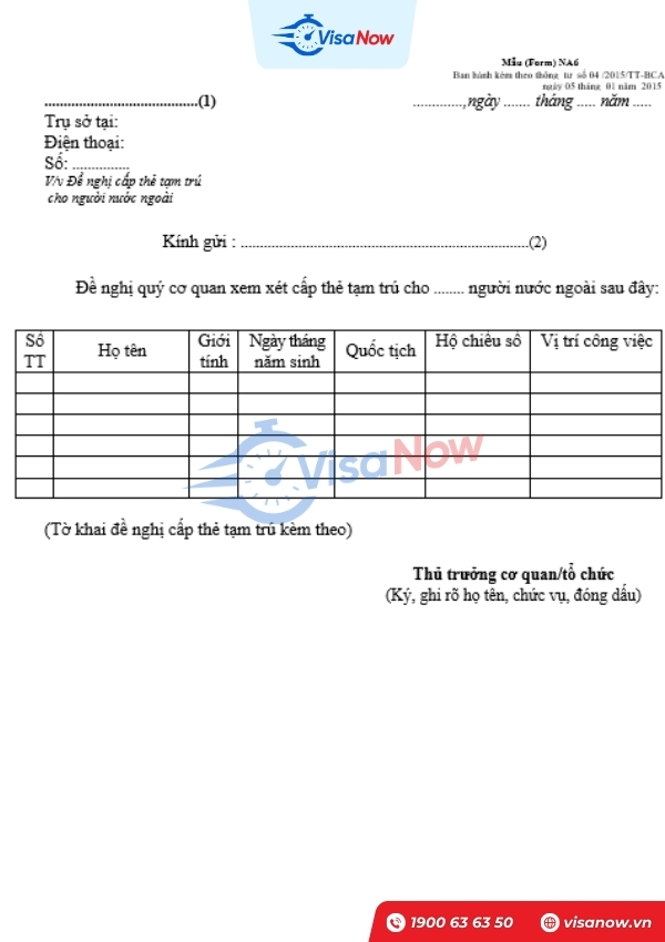 Form NA6 Application for temporary residence card for foreigners